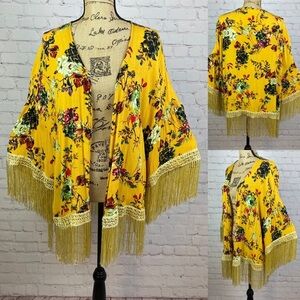 Jodifl Crinkly Yellow Floral Open Front Fringe Kimono